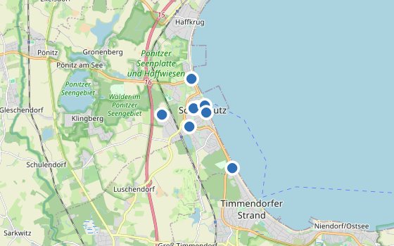 Kartenausschnitt mit den Hotels des Reiseziels