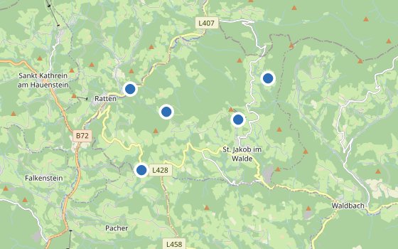 Kartenausschnitt mit den Hotels des Reiseziels