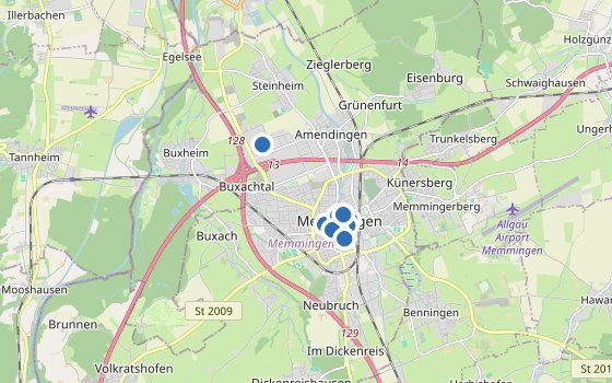 Kartenausschnitt mit den Hotels des Reiseziels