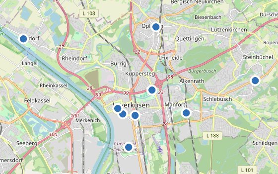Kartenausschnitt mit den Hotels des Reiseziels