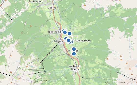 Kartenausschnitt mit den Hotels des Reiseziels