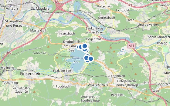 Kartenausschnitt mit den Hotels des Reiseziels