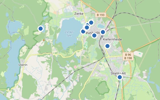 Kartenausschnitt mit den Hotels des Reiseziels