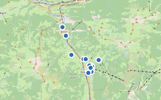 Kartenausschnitt mit den Hotels des Reiseziels