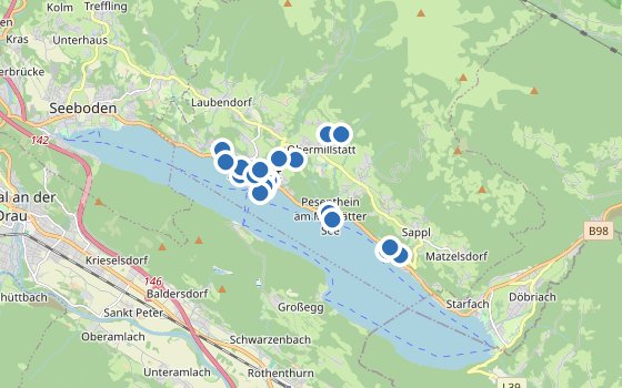 Kartenausschnitt mit den Hotels des Reiseziels
