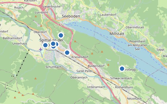 Kartenausschnitt mit den Hotels des Reiseziels