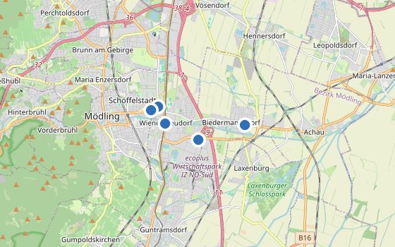 Kartenausschnitt mit den Hotels des Reiseziels