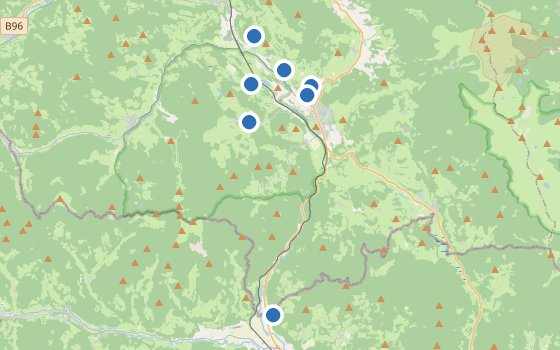 Kartenausschnitt mit den Hotels des Reiseziels