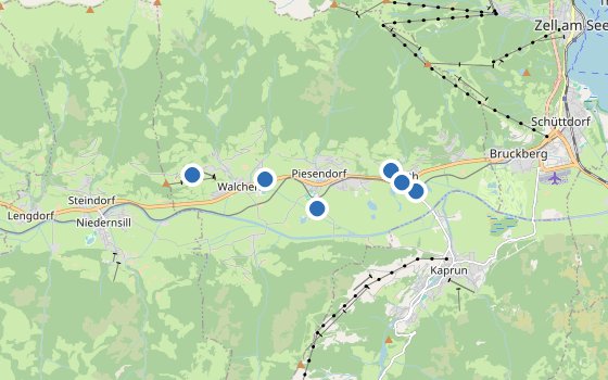 Kartenausschnitt mit den Hotels des Reiseziels