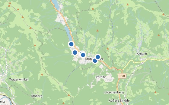 Kartenausschnitt mit den Hotels des Reiseziels