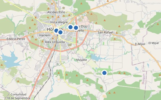 Kartenausschnitt mit den Hotels des Reiseziels