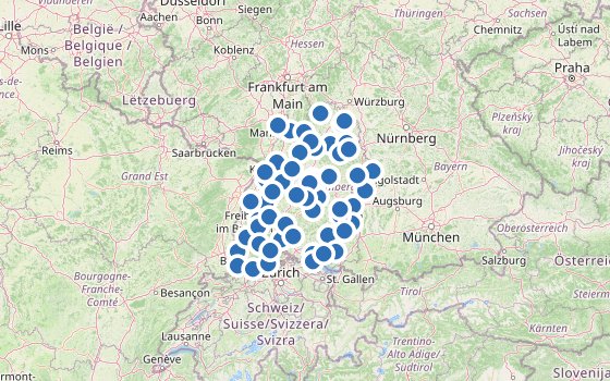 Kartenausschnitt mit den Hotels des Reiseziels
