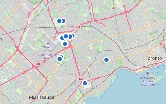 Kartenausschnitt mit den Hotels des Reiseziels