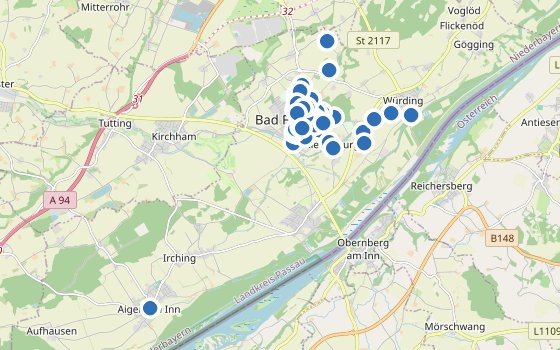 Kartenausschnitt mit den Hotels des Reiseziels