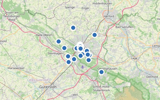 Kartenausschnitt mit den Hotels des Reiseziels