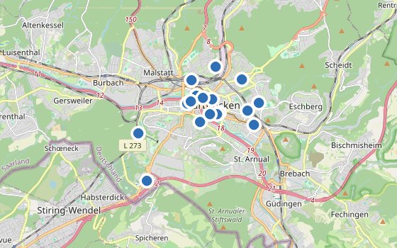 Kartenausschnitt mit den Hotels des Reiseziels