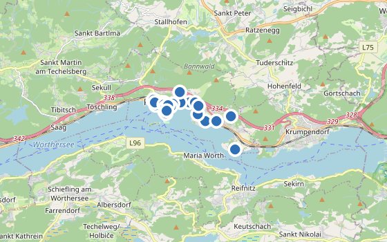 Kartenausschnitt mit den Hotels des Reiseziels
