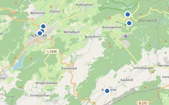Kartenausschnitt mit den Hotels des Reiseziels