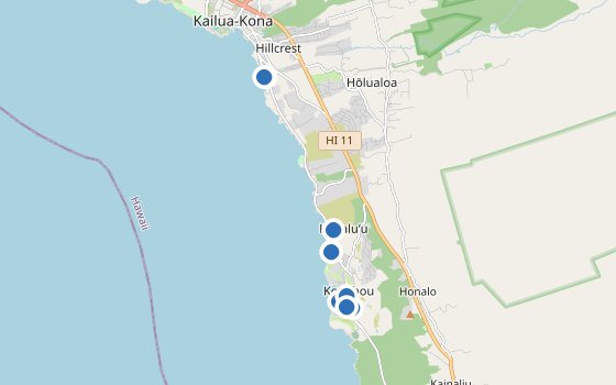 Kartenausschnitt mit den Hotels des Reiseziels